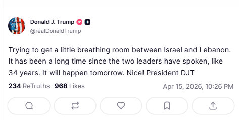 Trump: Israel-Lebanon 'breathing room' tomorrow