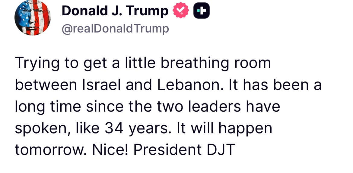 Trump: Israel-Lebanon call tomorrow