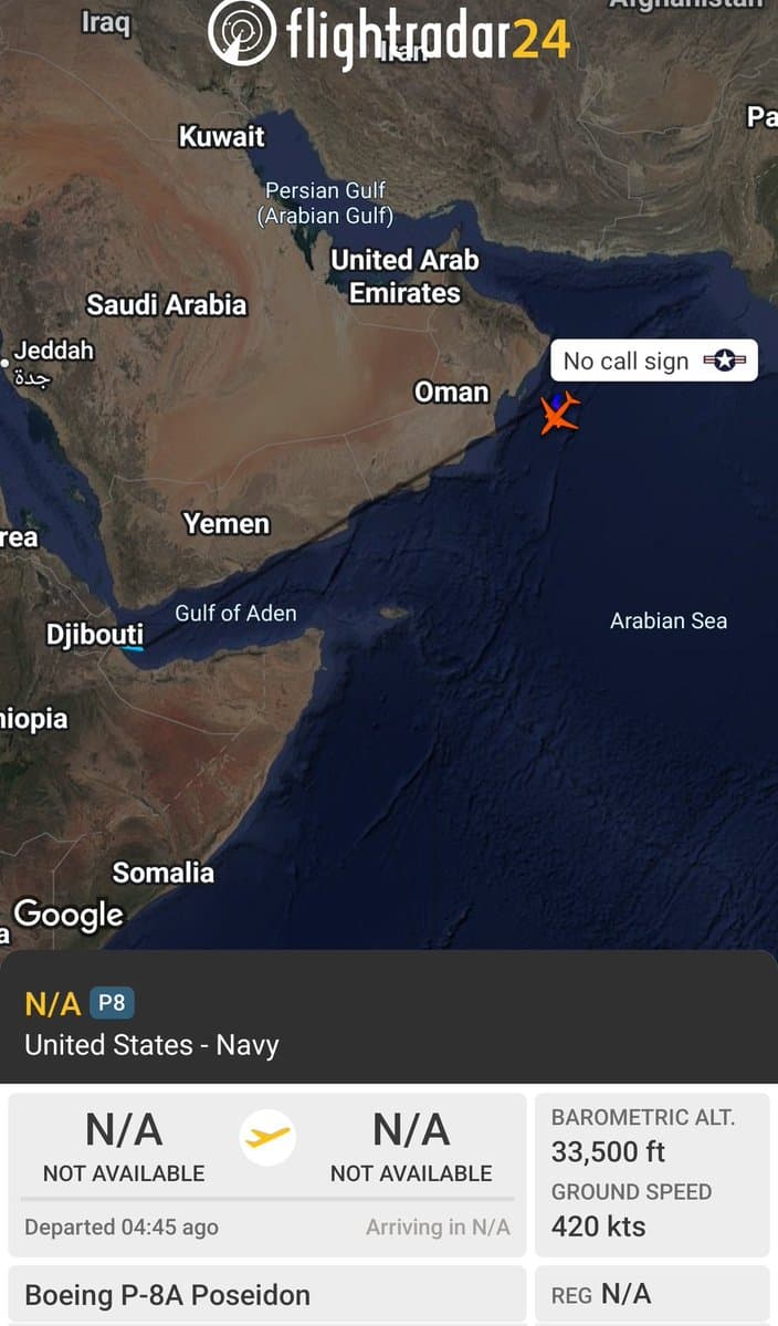 US P-8A patrols Arabian Sea near Gulf of Oman