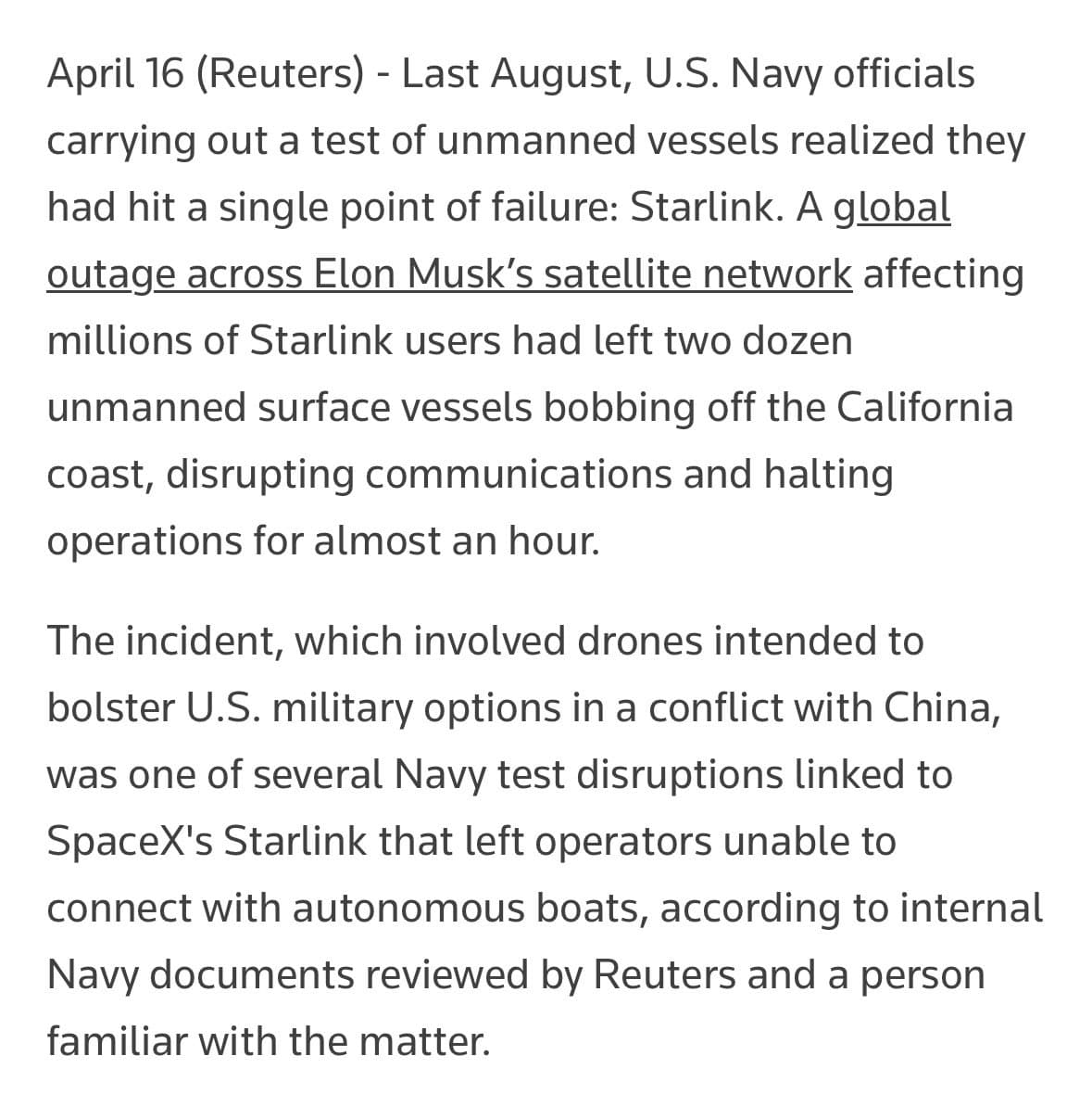 Starlink outage halted 20+ US Navy drones