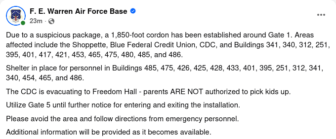 Suspicious package at F.E. Warren AFB