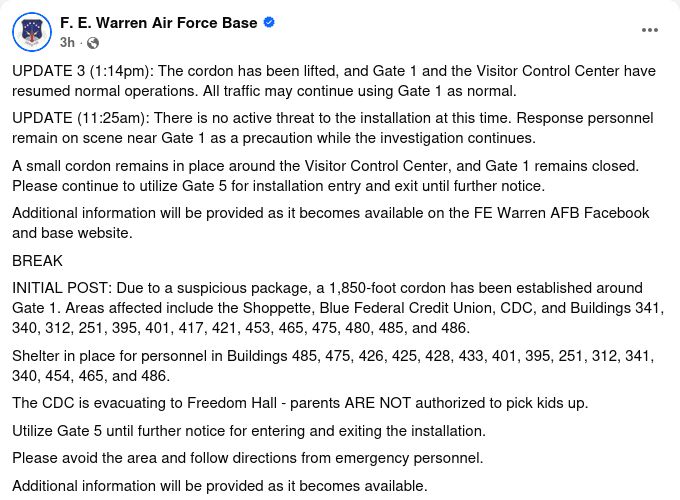 F.E. Warren AFB incident resolved